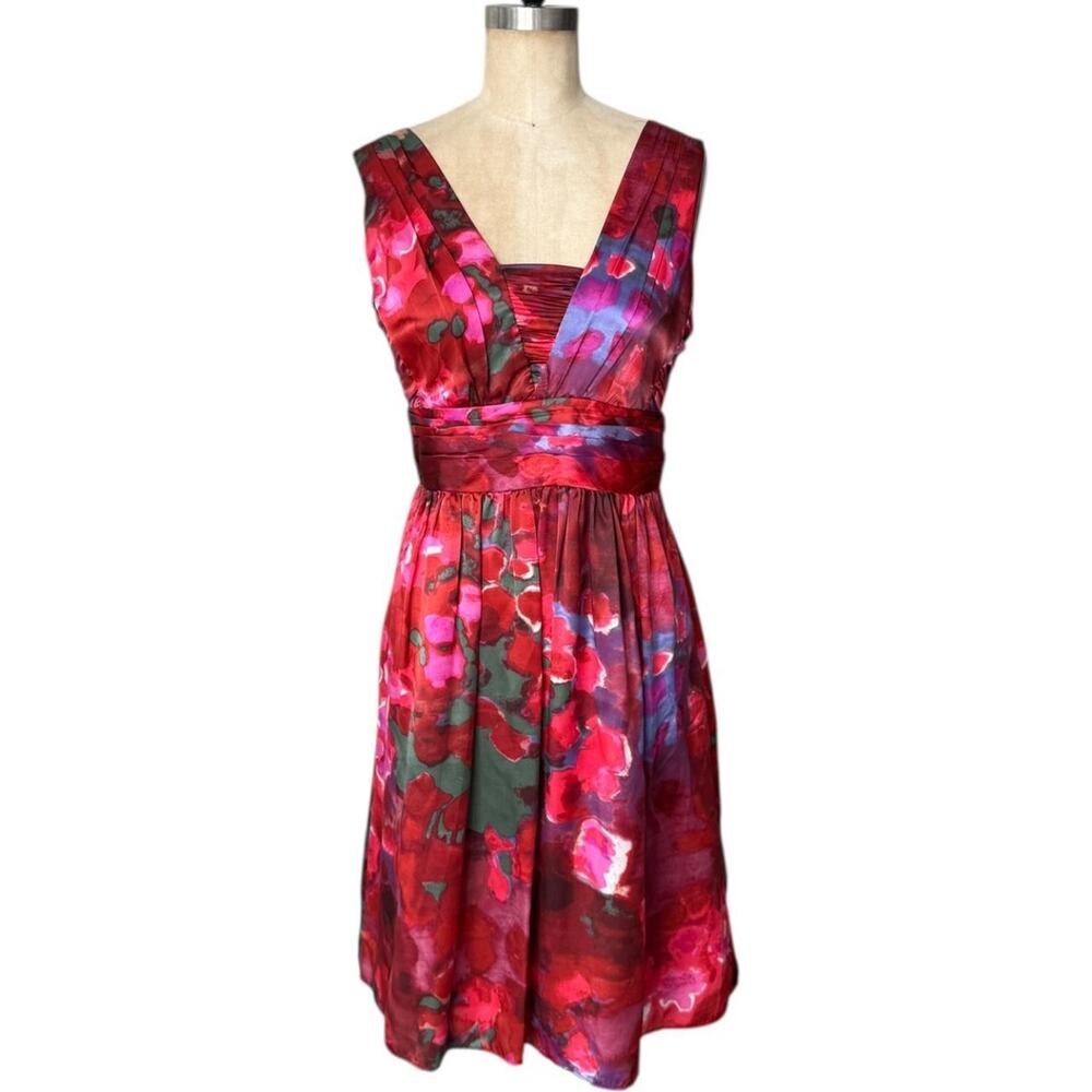 Y2K Romantic Red floral silk satin tie dye Banana Republic dress size 4